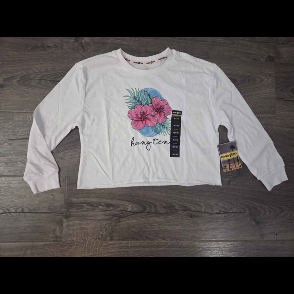 Girls Hang Ten White Long Sleeve Top With Floral Design Size M 7/8 NWT